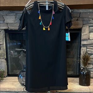 NWT Thalia Sodi Black Cold Shoulder Swing Dress with Multicolor Tassels, Sz. Med